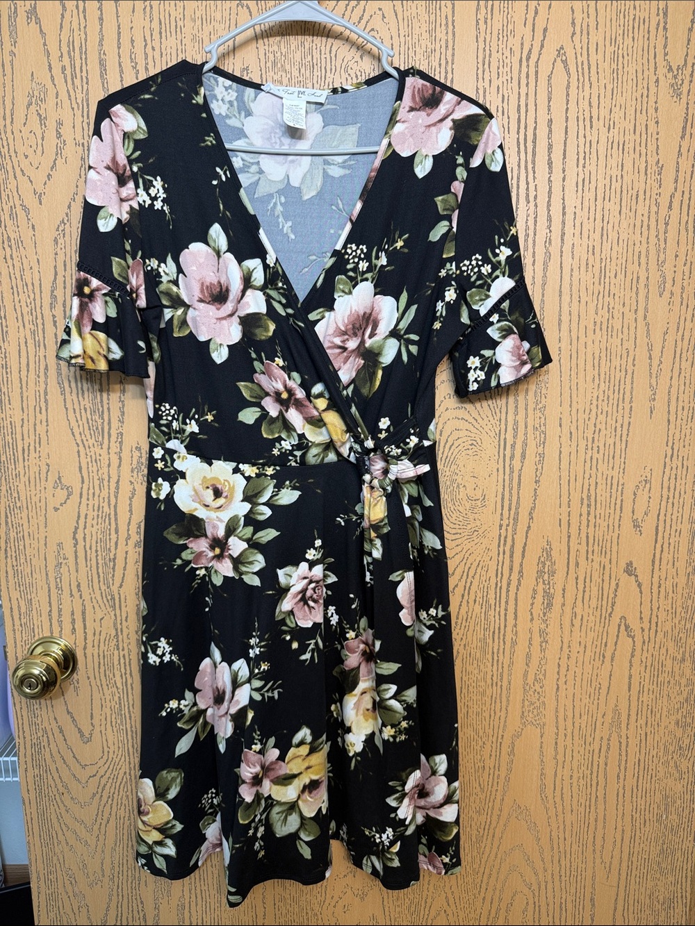 Floral Wrap-Style Black Dress with Pink & Cream Blooms